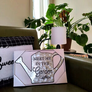 Shiny pink watering can wall sign Meet Me in the Garden home decor